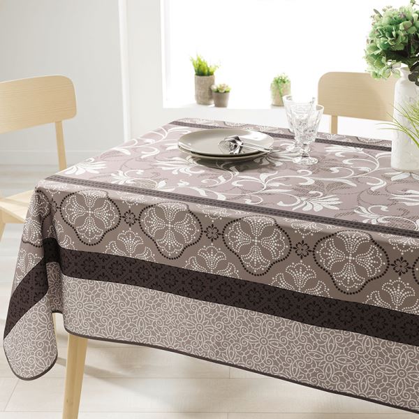 Rectangle 240 tablecloth 100% polyester, moisture repellent. Taupe with ornaments