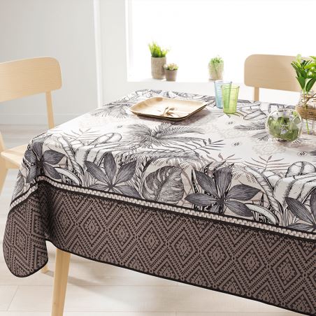 Rectangle 200 tablecloth 100% polyester, moisture repellent. Ecru, taupe, leaves
