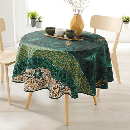 Around 160 tablecloth 100% polyester, moisture repellent. Green, brown, with leaves
