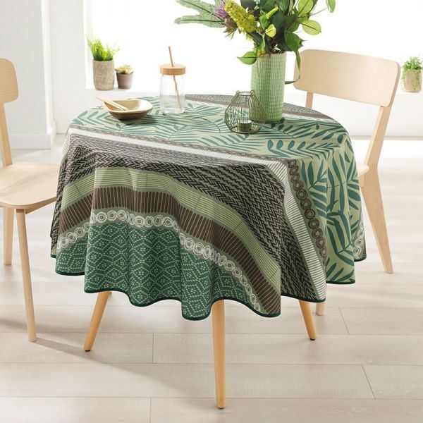 Around 160 tablecloth 100% polyester, moisture repellent. Green with leaves