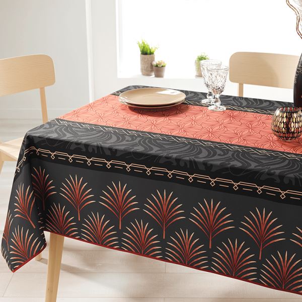 Rectangle 200 tablecloth 100% polyester, moisture repellent. Black, red with palm leaf