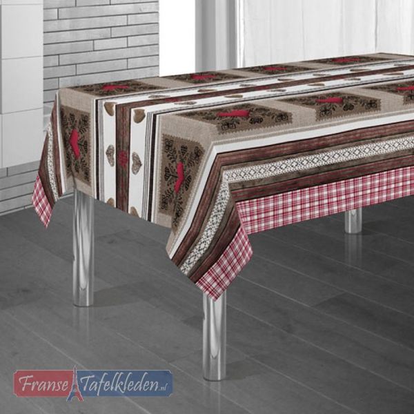Tablecloth brown, red with hearts 300 X 148 French tablecloths