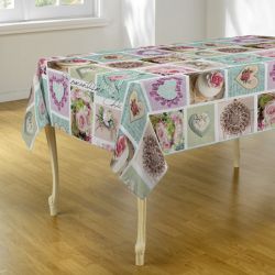 Tablecloth mint with flowers and hearts 300 X 148 French tablecloths
