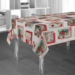 Beige tablecloth featuring a festive Christmas print with Santa Claus.