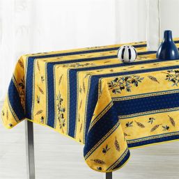 Anti-Fleck-Gelb mit blauer Tischdecke mit olivfarbenem Aufdruck.