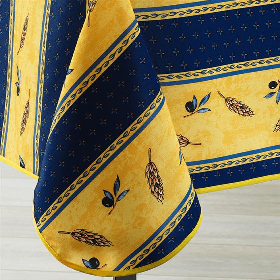 Anti-stain yellow with blue tablecloth with olive print.