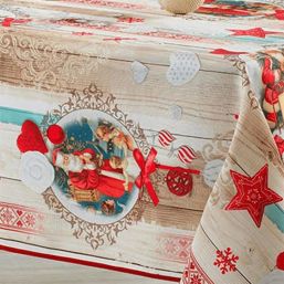 Beige Tischdecke mit Weihnachtsmotiv, Weihnachtsmann und roten Sternen.