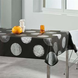 Schwarze Anti-Fleck-Tischdecke mit einem eleganten Aufdruck aus silbernen Kreisen