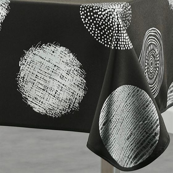 Schwarze Anti-Fleck-Tischdecke mit einem eleganten Aufdruck aus silbernen Kreisen
