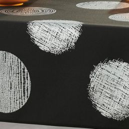 Zwart anti-vlek tafelkleed met een strakke print van zilverkleurige cirkels