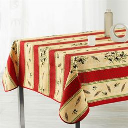 Gelb mit roter Anti-Fleck-Tischdecke mit Oliven- und Blätterdruck