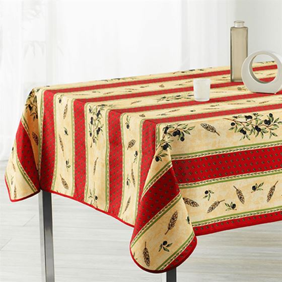 Tischdecke gelb, rot mit Oliven
