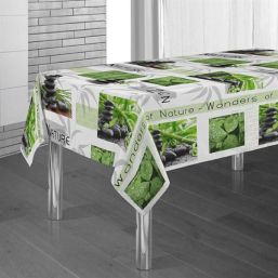 Weiße Anti-Fleck-Tischdecke, grün mit Bambus und Steinhaufen