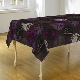 Braune Anti-Fleck-Tischdecke mit einem wunderschönen lila Muster aus Kreisen und Blättern.