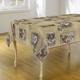 Beige anti-stain tablecloth with a woman with a washtub