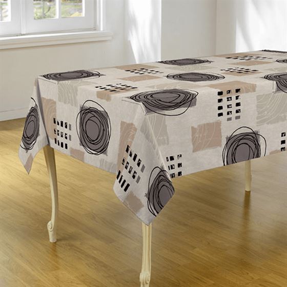 Beige anti-stain tablecloth with a taupe spiral print