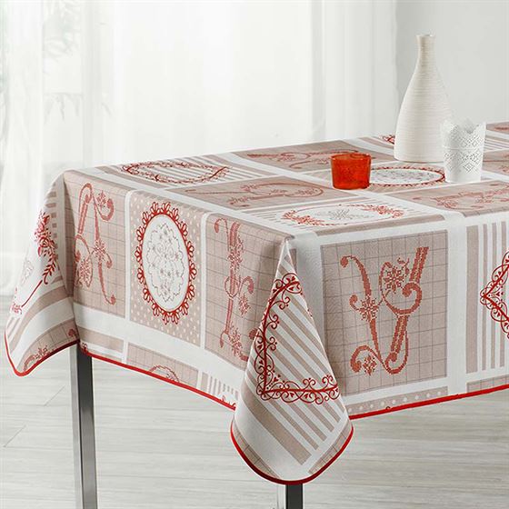 Tablecloth anti-stain white, beige with red lettering