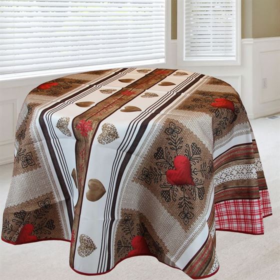 Tablecloth round anti-stain brown, red with hearts