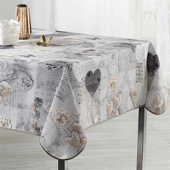 Tablecloth anti-stain gray with butterflies and hearts
