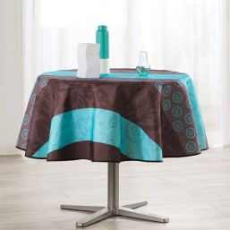 Tablecloth anti-stain light blue, gray with leaves and circles