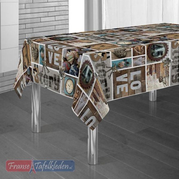 Tablecloth brown with letters figures and hearts 240 X 148 French tablecloths