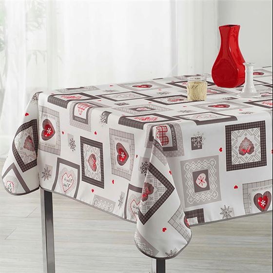 Tablecloth anti-stain ecru with squares and hearts