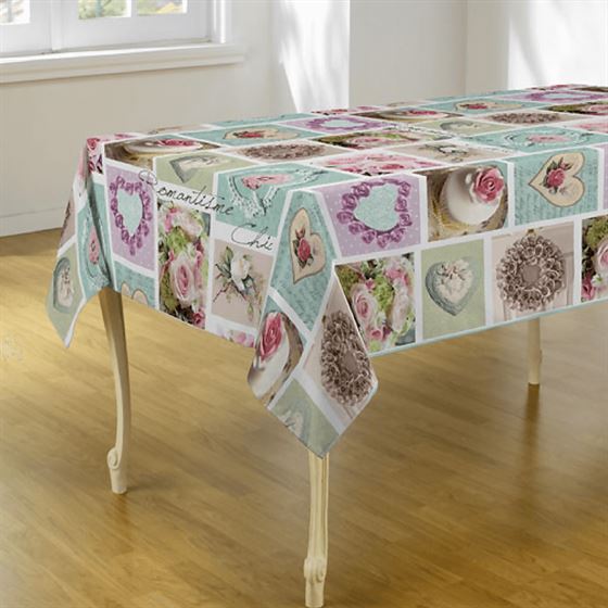 Tablecloth anti-stain mint with flowers and hearts