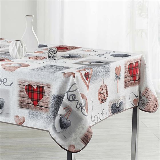 Tischdecke Anti-Fleck ecru mit herzen, stricken und lieben