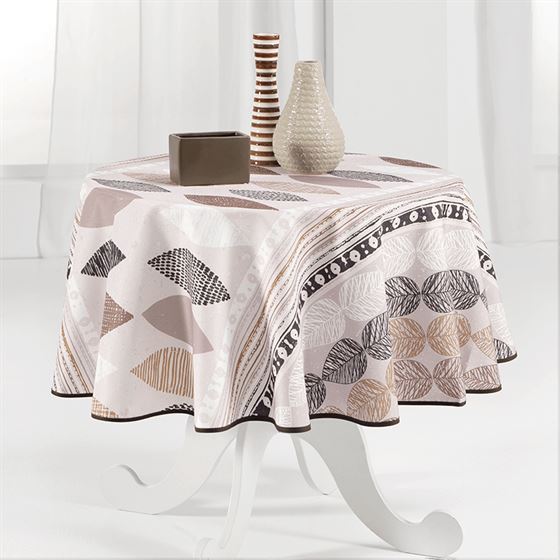 Tablecloth anti-stain beige with leaves round