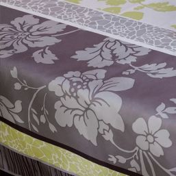 Tablecloth taupe, green stripes with flowers | Franse Tafelkleden