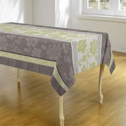 Tablecloth anti-stain taupe, green stripes with flowers