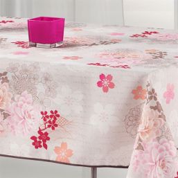 Tablecloth anti-stain beige with pink flowers | Franse Tafelkleden