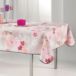 Tischdecke Anti-Fleck beige mit rosa Blumen | Franse Tafelkleden