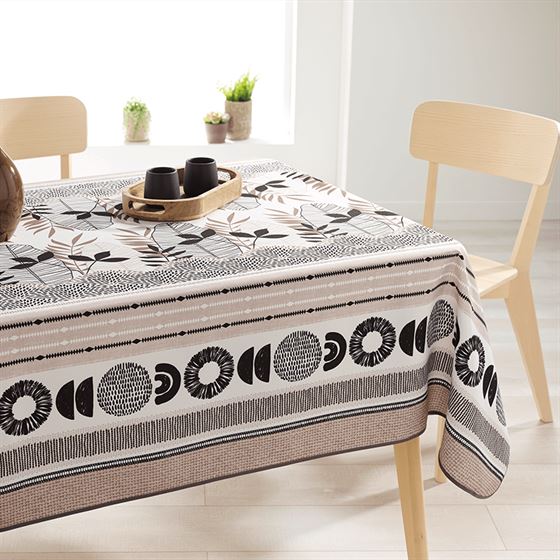 Nappe de table ecru avec taupe et feuilles | Franse Tafelkleden