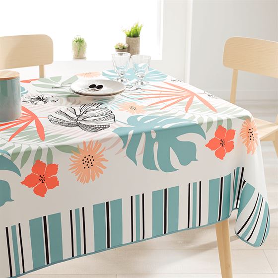 Tablecloth white with flowers and leaves | Franse Tafelkleden