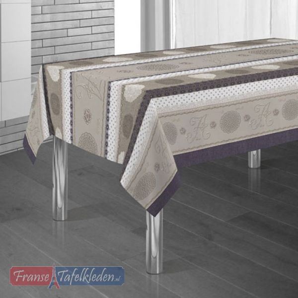 Tablecloth lilac, brown and beige with hearts 350 X 148 French tablecloths