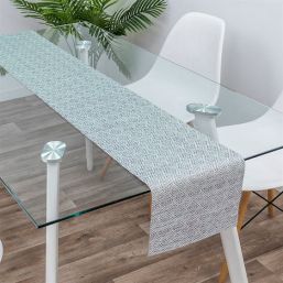 Table runner light blue with square motif 180 x 35 cm