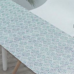 Wasserabweisender Tischläufer aus gewebtem Vinyl. blau mit Mosaik, rutschfest und abwaschbar | Französische Tischdecken