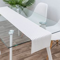 Table runner woven vinyl white with blue stripe | Franse Tafelkleden
