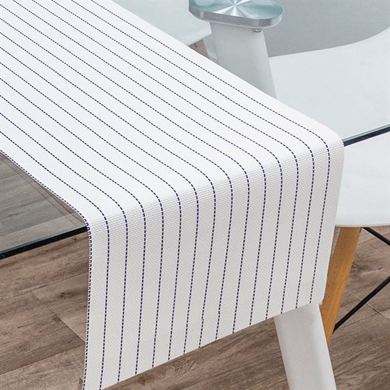 Table runner white with blue stripe, anti-stain vinyl washable. In the size 180 x 35 cm | Franse Tafelkleden