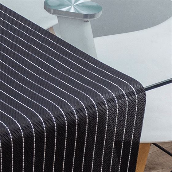 Water-repellent table runner made of woven vinyl. black with white stripe, non-slip and washable | French Tablecloths