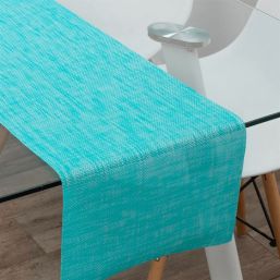 Chemin de table turquoise tissé, vinyle anti-tache lavable. Au format 180 x 35 cm | Franse Tafelkleden