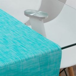 Tafelloper waterafstotend van geweven vinyl. turquoise gemeleerd, antislip en afwasbaar | Franse Tafelkleden