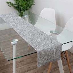 Tischläufer grau gewebt, schmutzabweisendes Vinyl, waschbar. In der Größe 180 x 35 cm | Franse Tafelkleden