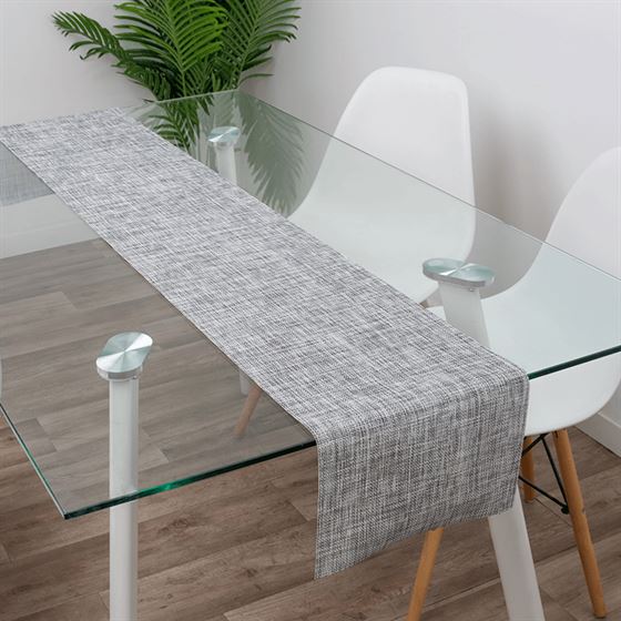 Chemin de table gris tissé, vinyle antitache lavable. Au format 180 x 35 cm | Franse Tafelkleden