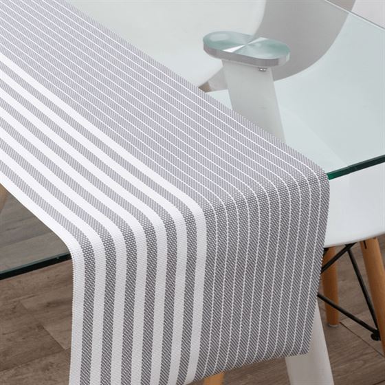 Tischläufer Anti-Flecken-Vinyl grau mit weiß, Größe 180 x 35 cm | Franse Tafelkleden