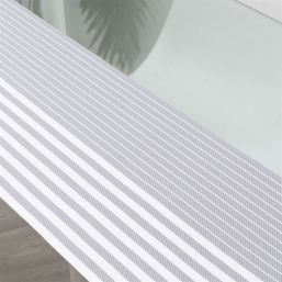 Chemin de table hydrofuge en vinyle tissé. gris avec bande blanche, antidérapant et lavable | Nappes françaises