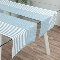 Table runner anti-stain vinyl turquoise with white, size 135 x 40 cm | Franse Tafelkleden