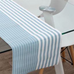 Chemin de table hydrofuge en vinyle tissé. turquoise avec bande blanche, antidérapant et lavable | Franse Tafelkleden