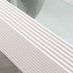Water-repellent table runner made of woven vinyl. taupe with beige stripe, non-slip and washable | French Tablecloths